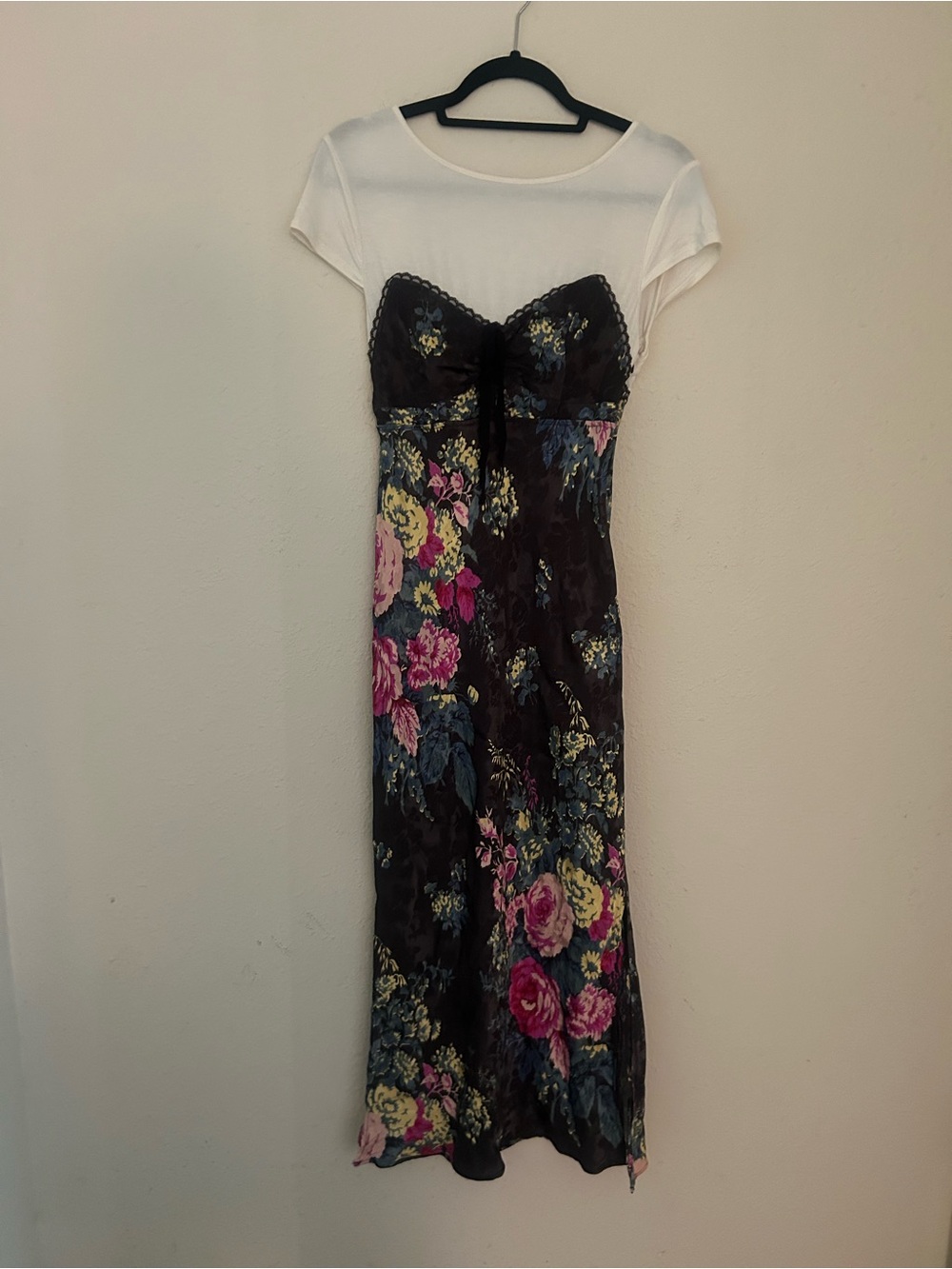 Anthropologie Black Floral Slip Midi Dress with Pink Rose Print - Picture 2 of 6
